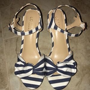 Lauren Conrad navy and white striped wedges